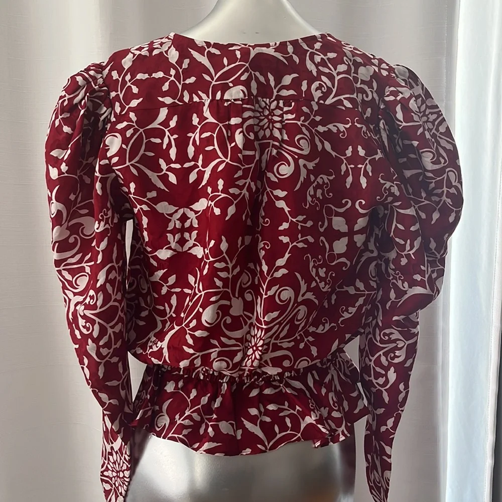 The Kooples Red and White Floral Print Puff-Sleeve Blouse - Picture 7 of 15